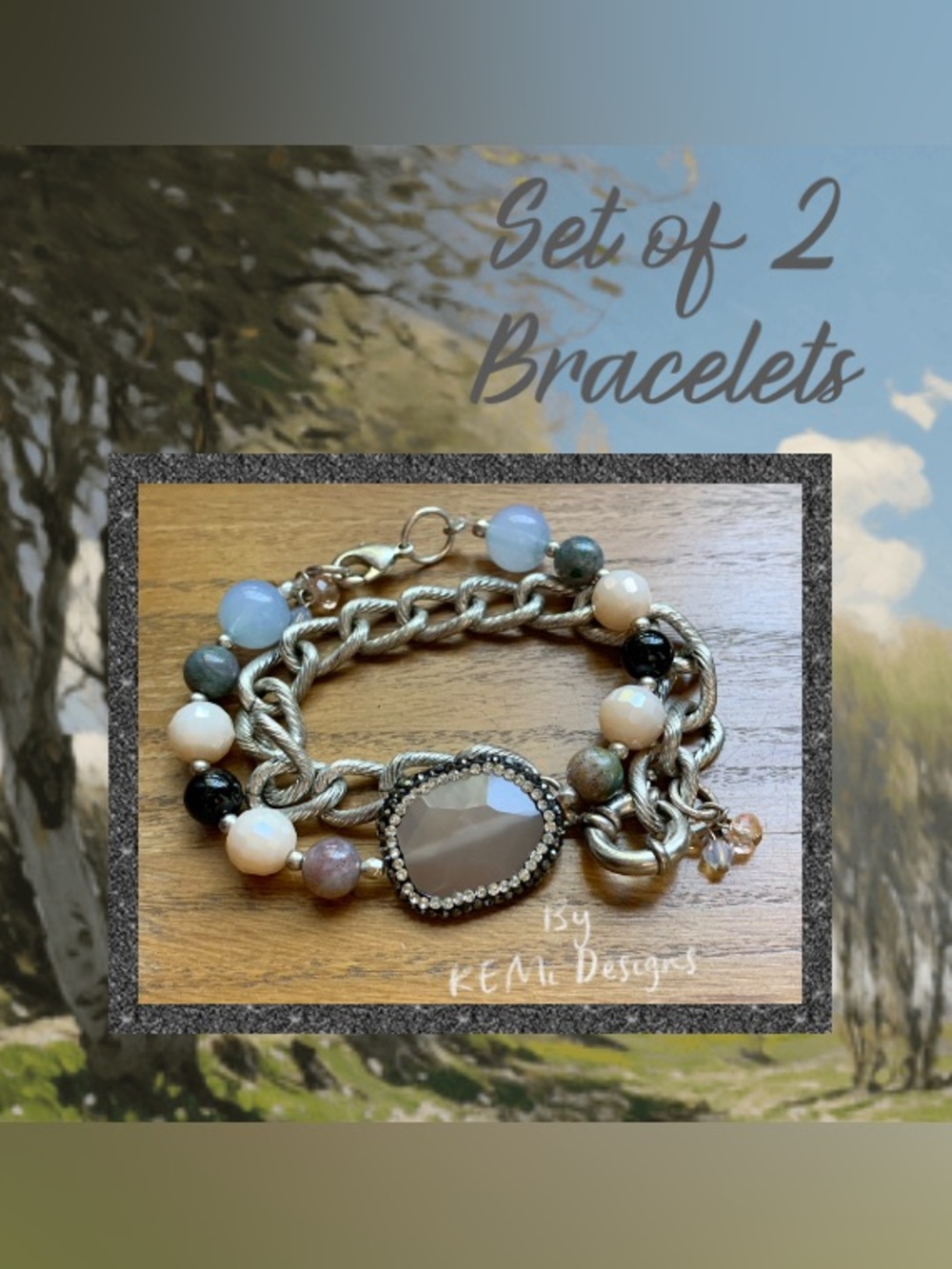 Set of 2 Women's Gemstone and Chain Bracelets - Gray, Cream, Blue Accents
